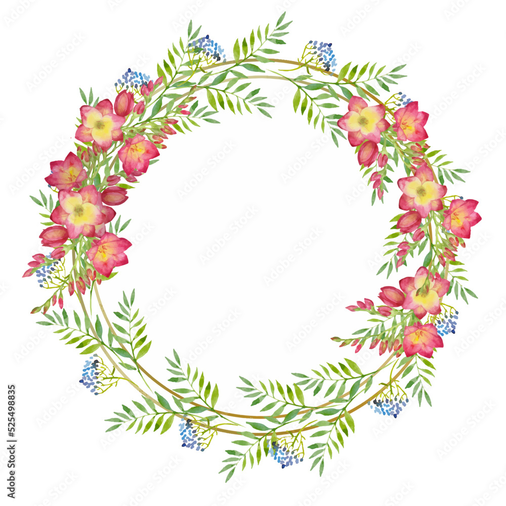 wreath with green leaves and red freesia flower in a gold round frame. Watercolor floral illustration
