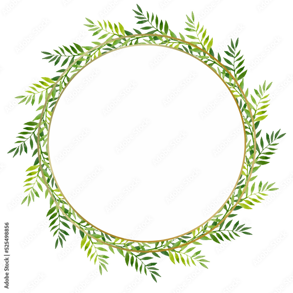 Watercolor illustration of wreath with green leaves in a gold round frame. Watercolor floral illustration.