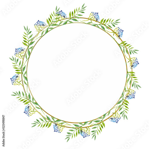 Watercolor illustration of wreath with green leaves in a gold round frame.