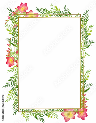 Watercolor illustration of a red freesia, bouquet, branch with buds.