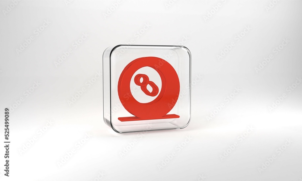 Red Billiard pool snooker ball with number 8 icon isolated on grey background. Glass square button. 3d illustration 3D render Red Billiard pool snooker ball with number 8 icon isolated on grey background. Glass square button. 3d illustration 3D render