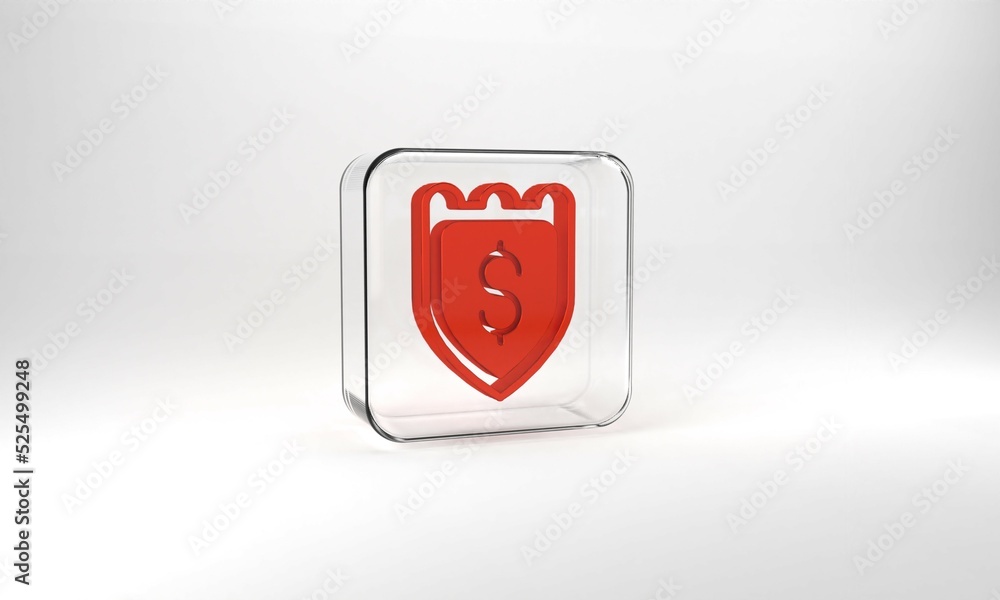 Red Shield with dollar symbol icon isolated on grey background. Security shield protection. Money security concept. Glass square button. 3d illustration 3D render Red Shield with dollar symbol icon isolated on grey background. Security shield protection. Money security concept. Glass square button. 3d illustration 3D render