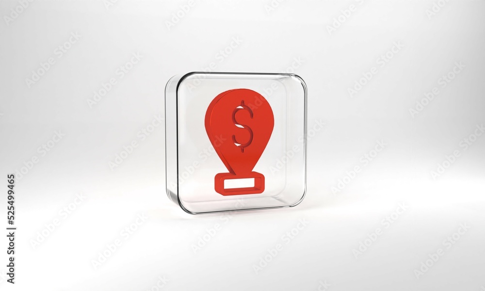 Red Cash location pin icon isolated on grey background. Pointer and dollar symbol. Money location. Business and investment concept. Glass square button. 3d illustration 3D render Red Cash location pin icon isolated on grey background. Pointer and dollar symbol. Money location. Business and investment concept. Glass square button. 3d illustration 3D render