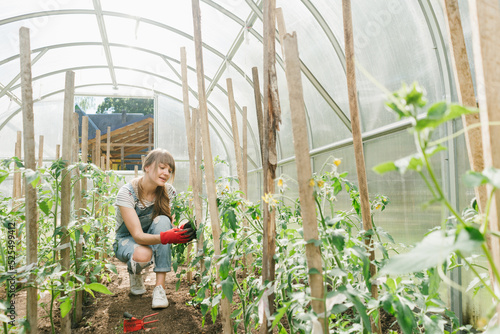 Young woman taking care of cucumbers at greenhouse photo