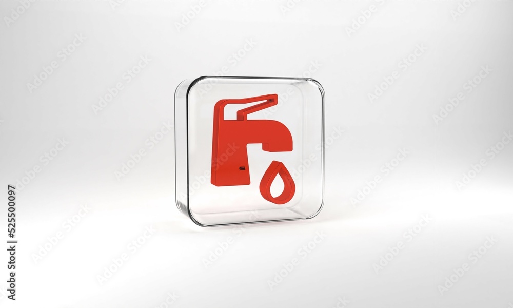 Red Water tap icon isolated on grey background. Glass square button. 3d illustration 3D render Red Water tap icon isolated on grey background. Glass square button. 3d illustration 3D render
