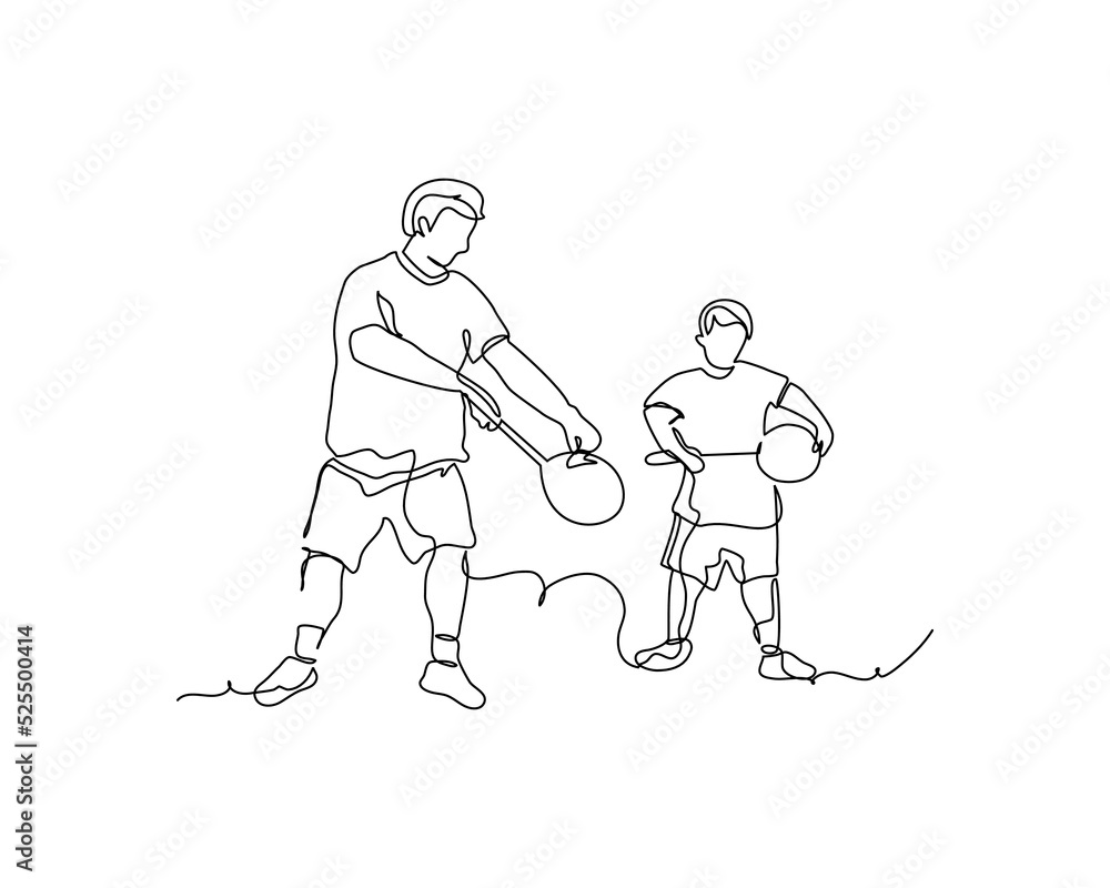 One line continuous of man educating small children to play badminton. Minimalist style vector illustration in white background.