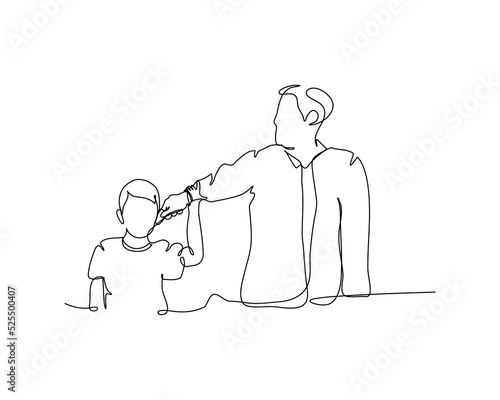 One continuous line of a father scolding his son harshly. Minimalist style vector illustration in white background.
