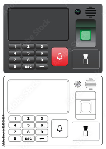 Layered editable vector illustration of access control system,with LCD screen, password input, fingerprint scanning, card reader, face recognition camera.