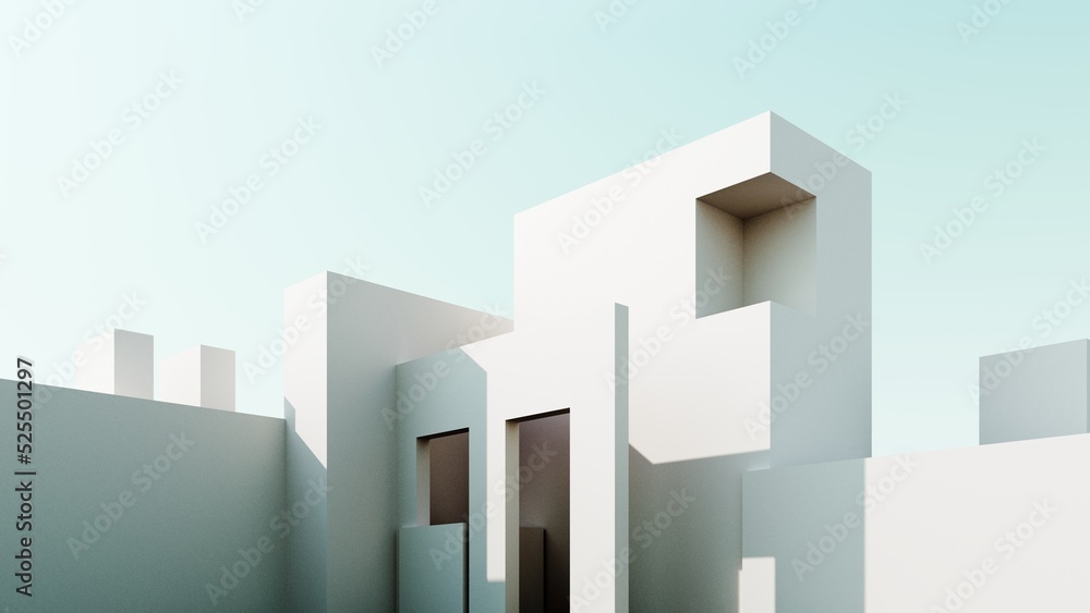 Abstract architectural backdrop - 3D render. White details of the facade of modern building on blue sky background with copy space. Unobtrusive background with shadow on the wall. Abstract architectural backdrop - 3D render. White details of the facade of modern building on blue sky background with copy space. Unobtrusive background with shadow on the wall.