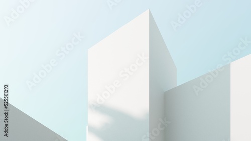 Abstract architectural backdrop - 3D render. White details of the facade of modern building on blue sky background with copy space. Unobtrusive background with shadow on the wall.