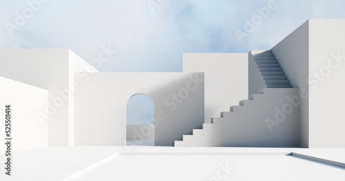 Abstract architectural backdrop - 3D render. White details of the facade of modern building on blue sky background with copy space. Unobtrusive background with shadow on the wall.