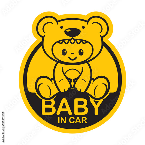 Vector yellow circle sign with a small sweet cartoon character of a child dressed as a teddy bear. Text - child in the car. Isolated on white background.