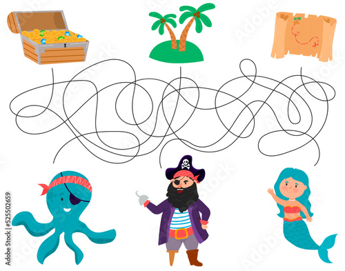 Pirate maze for kids. Treasure hunt preschool activity. Help the pirate get to the treasures. Vector image