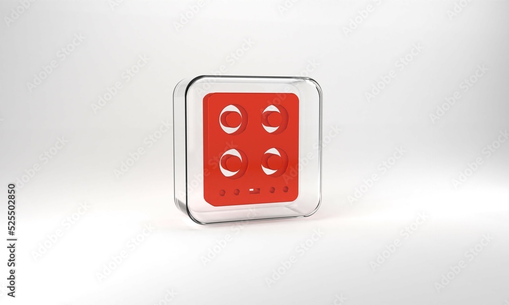 Red Gas stove icon isolated on grey background. Cooktop sign. Hob with four circle burners. Glass square button. 3d illustration 3D render Red Gas stove icon isolated on grey background. Cooktop sign. Hob with four circle burners. Glass square button. 3d illustration 3D render