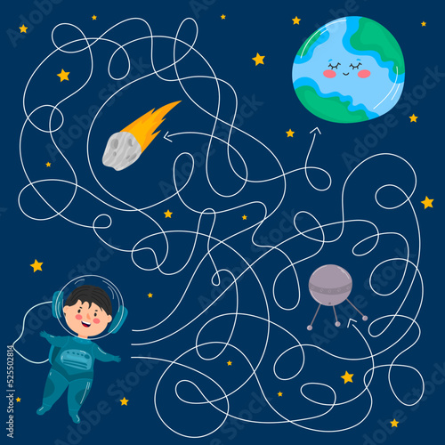Vector cartoon astronaut and planets. Vector illustrations for children books. Labyrinth. Educational game for children. Help cosmonaut find path to planet. Labyrinth. Maze game for kids. Boy and