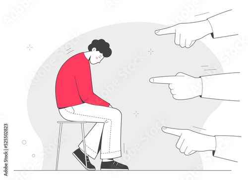 Hands of people point to the man. Opinion and the pressure of society. Shame, stress and anxiety, victim-blaming. Outline illustration