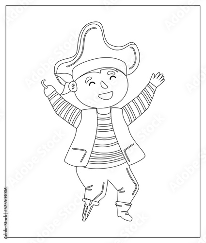 Coloring Page Outline Of Cartoon Pirate with prothesis and hook. Coloring book for kids. Vector image for pirate party for children