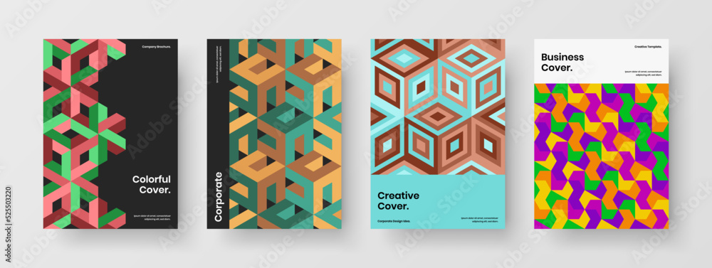 Amazing geometric shapes leaflet layout bundle. Trendy corporate brochure A4 design vector template composition.