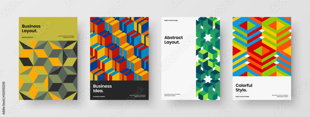Vivid placard vector design template composition. Colorful geometric pattern company identity concept set.