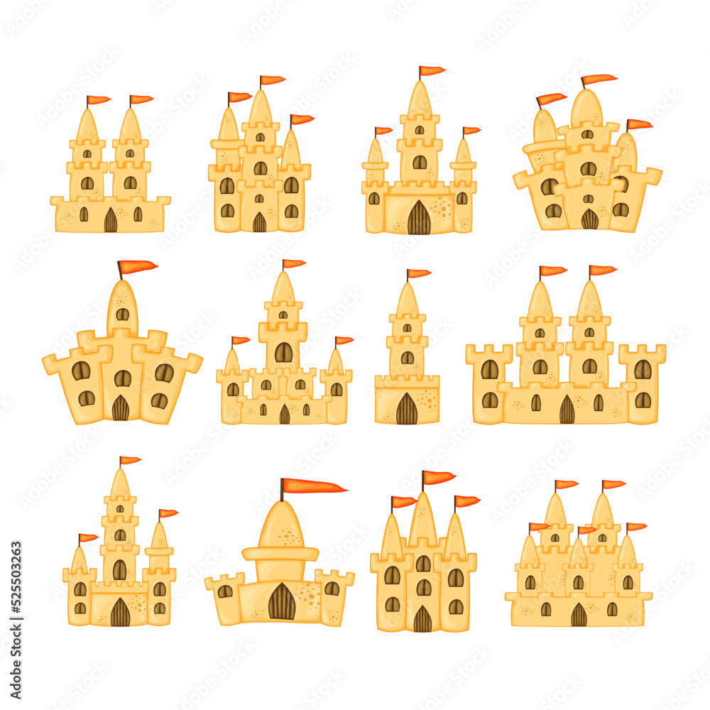 Set of sand castles of different shapes. Summer cartoon collection in vector.