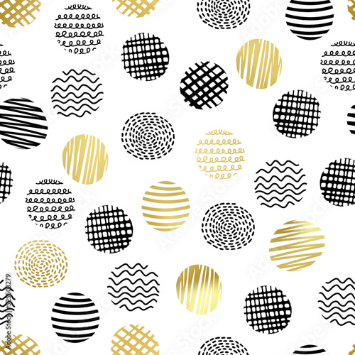 Hand drawn vector doodle circles seamless pattern. Abstract textured shapes print. Grunge artistic black and gold foil elements on white background. Ink scribble spots creative design elements.
