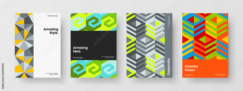 Abstract geometric shapes leaflet layout bundle. Amazing cover A4 design vector template composition.
