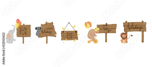 Set with cute animals near wooden signboard with the inscriptions on the summer theme in vector. Cartoon illustration.