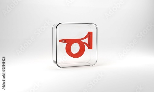 Red Trumpet icon isolated on grey background. Musical instrument. Glass square button. 3d illustration 3D render