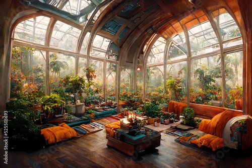 The Transparent Glass Room Surrounded by Flowers. A Warm House, a Garden and a Greenhouse. Concept Art Scenery. Book Illustration. Video Game Scene. Serious Digital Painting. CG Artwork Background.
 photo