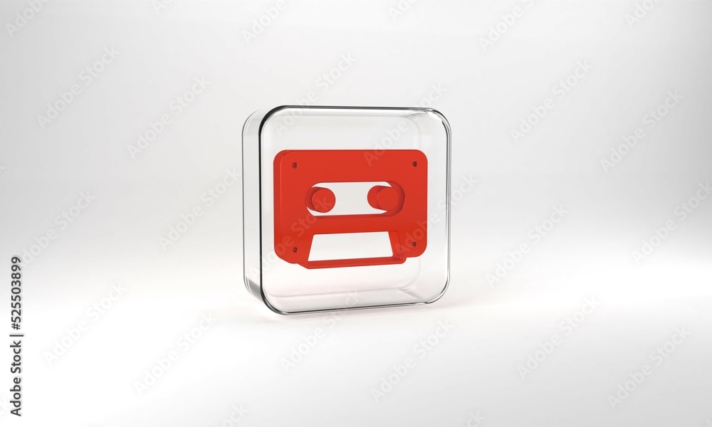 Red Retro audio cassette tape icon isolated on grey background. Glass square button. 3d illustration 3D render Red Retro audio cassette tape icon isolated on grey background. Glass square button. 3d illustration 3D render