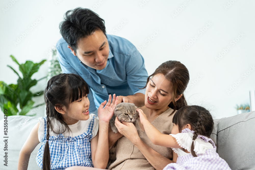 Asian loving couple and daughter stroking cat in living room at house. 