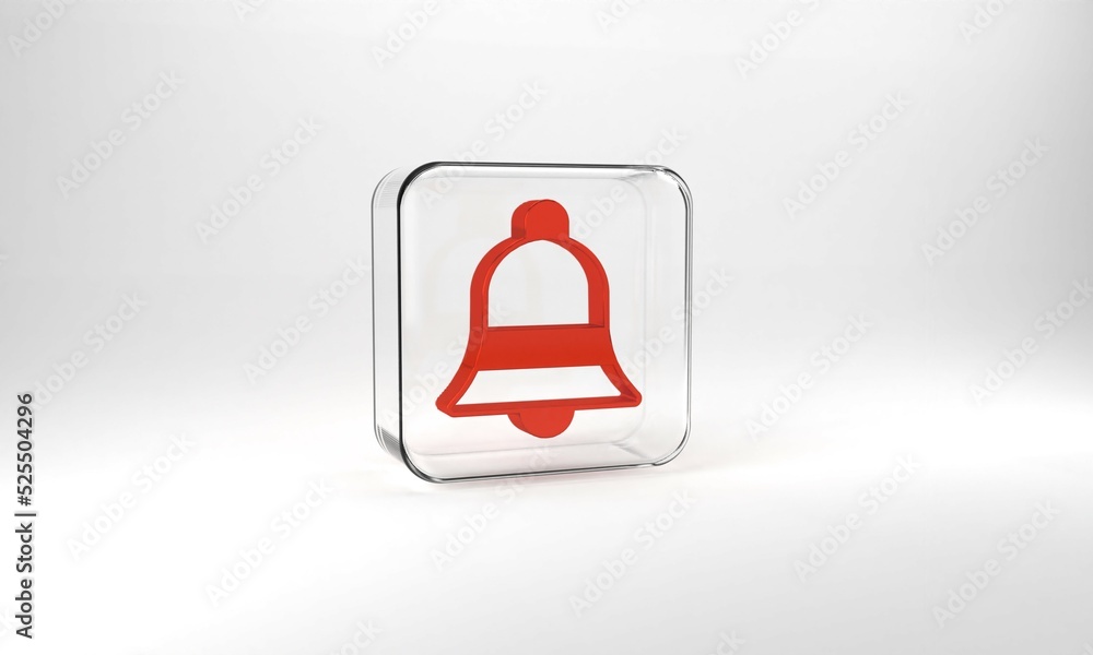 Red Ringing bell icon isolated on grey background. Alarm symbol, service bell, handbell sign, notification symbol. Glass square button. 3d illustration 3D render Red Ringing bell icon isolated on grey background. Alarm symbol, service bell, handbell sign, notification symbol. Glass square button. 3d illustration 3D render
