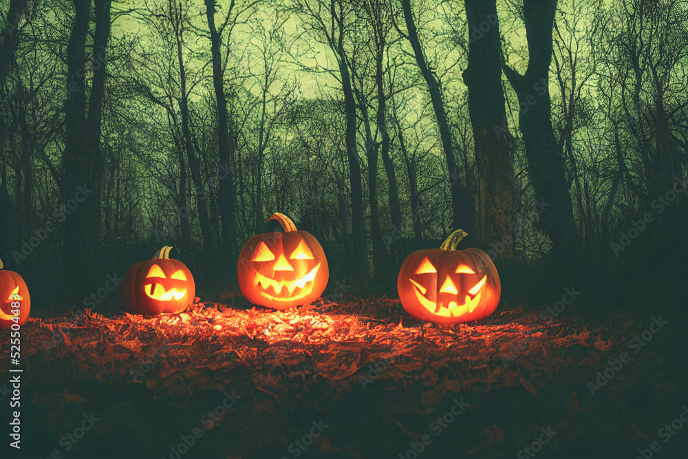 Halloween Pumpkins In A Spooky Forest At Night. 3D illustration Halloween Pumpkins In A Spooky Forest At Night. 3D illustration