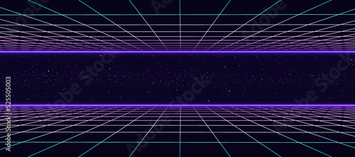 Digital vector space retro landscape in 1980s style. Futuristic double perspective grid. 80s Retro Sci-Fi background. Album cover or banner in the style of the 80-90s.