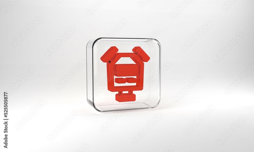 Red Stopwatch icon isolated on grey background. Time timer sign. Chronometer sign. Glass square button. 3d illustration 3D render Red Stopwatch icon isolated on grey background. Time timer sign. Chronometer sign. Glass square button. 3d illustration 3D render
