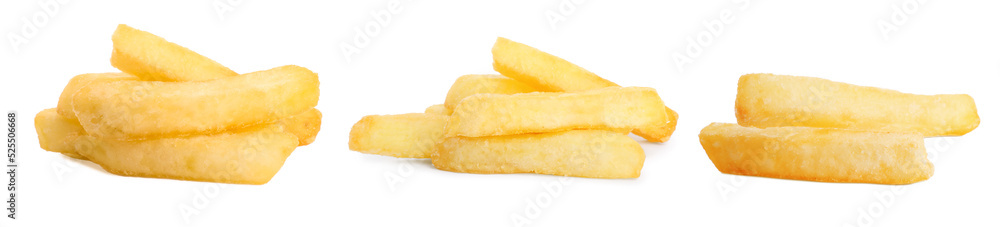 Set with delicious french fries on white background. Banner design Set with delicious french fries on white background. Banner design
