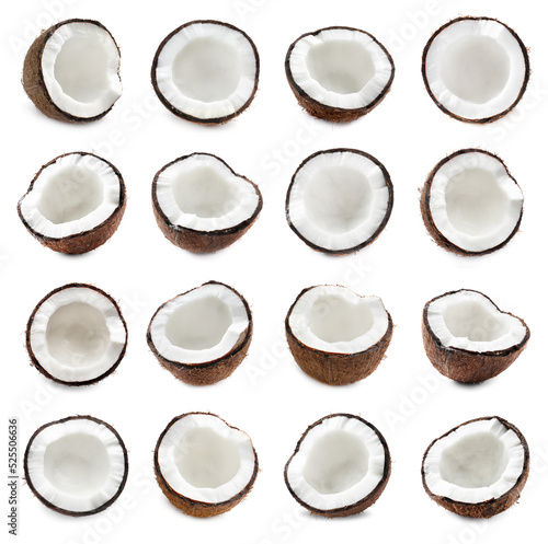 Set with halves of fresh ripe coconuts on white background