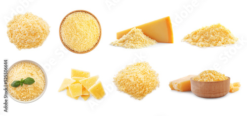 Set with delicious parmesan cheese on white background. Banner design