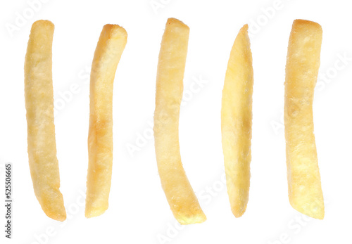 Set with delicious french fries on white background
