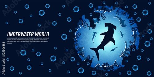 Save the oceans illustration. Sea depths with silhouettes of fish, sharks, turtles, coral reefs and sea plants. Side and top view. Seascape with its inhabitants. Design for web sites, banners.