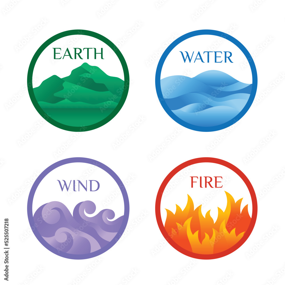 4 elements of nature symbols mountain earth, water wave, wind air and ...