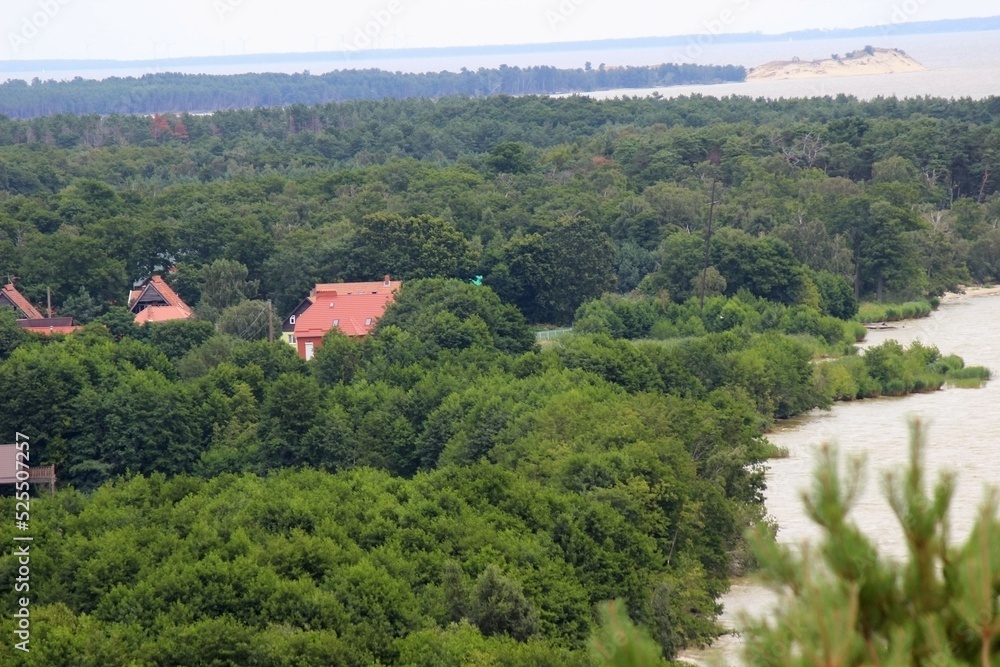 view from a height on the roofs of houses, sandy seashore and forest