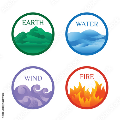 4 elements of nature symbols mountain earth, water wave, wind air and fire flame with abstract sharp in circle ring collection vector design