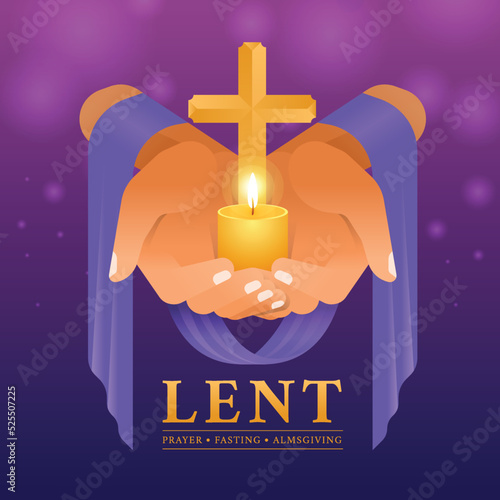 Lent, prayer fasting and almsgiving - hands with purple cloth hold gold cross crucifix sign and candle light on purple and blue background vector design