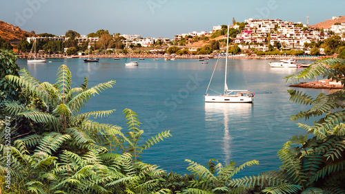 Fototapeta Naklejka Na Ścianę i Meble -  Yacht in Bodrum Bay, front view. Bodrum, Turkey