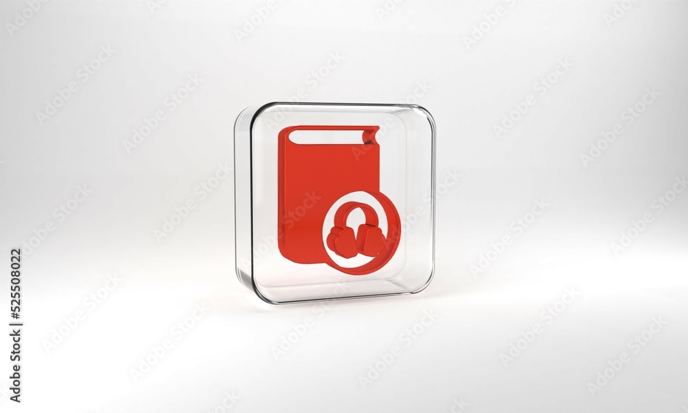 Red Audio book icon isolated on grey background. Book with headphones. Audio guide sign. Online learning concept. Glass square button. 3d illustration 3D render Red Audio book icon isolated on grey background. Book with headphones. Audio guide sign. Online learning concept. Glass square button. 3d illustration 3D render