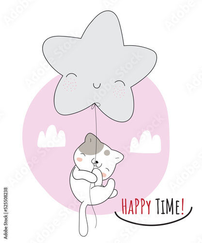 Flat cute animal  cat  flying with big star illustration for kids
