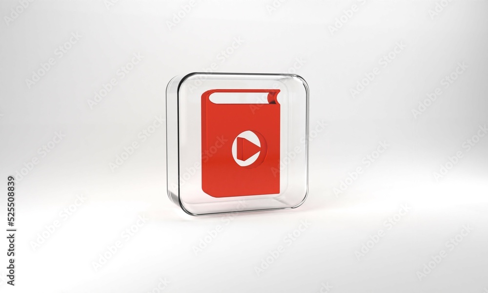 Red Audio book icon isolated on grey background. Play button and book. Audio guide sign. Online learning concept. Glass square button. 3d illustration 3D render Red Audio book icon isolated on grey background. Play button and book. Audio guide sign. Online learning concept. Glass square button. 3d illustration 3D render