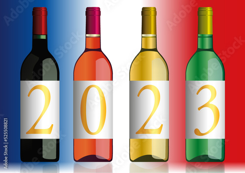 Présentation originale du millésime 2023 avec l’année inscrite sur quatre bouteilles de vins de Bordeaux de différentes couleurs.