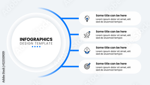 Infographic template. Blue circle with 4 steps and icons